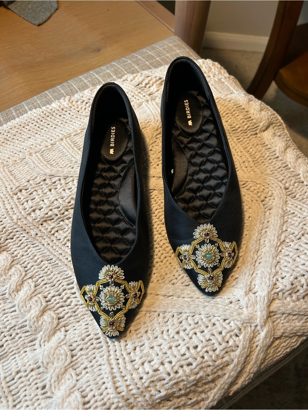 Birdies Black Pointed Flats with Gold & Turquoise Floral Medallions